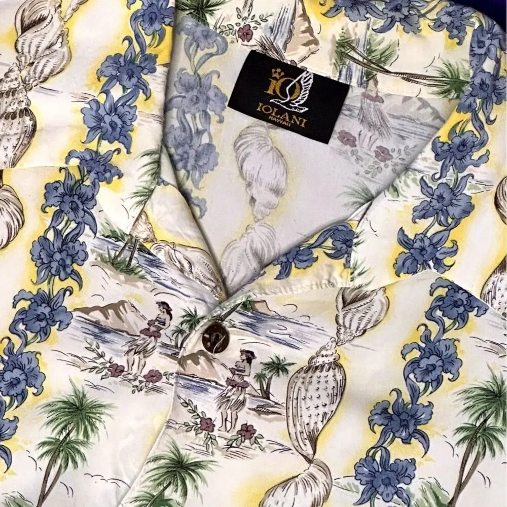 Iolani Vintage Mens Hawaiian Button Down Shirt Hula Seashell L